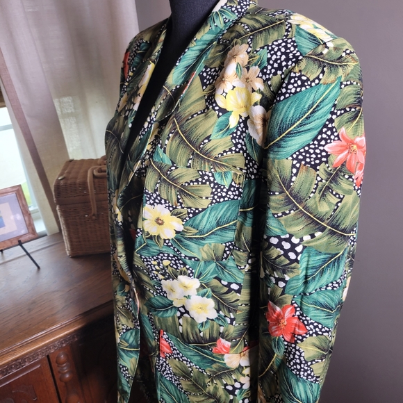 VINTAGE 80'S LIZ CLAIBORNE FLORAL TROPICAL ANIMAL PRINT BLAZER - Picture 9 of 11